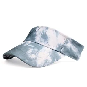 Detail of blue and white tie-dye sun visor with high-quality parallel stitching