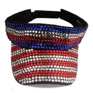 Detail of USA flag rhinestone sun visor with sparkling red white blue gems and velcro strap