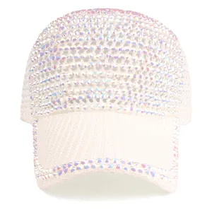 White baseball cap with sparkling rhinestones and breathable mesh for outdoor sun protection