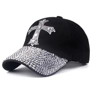 Berretto da Baseball alla Moda con Croce di Strass Donna Uomo Cotone Denim Cappello da Sole Regolabile Effetto Usurato Hip Hop Snapback