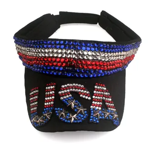 Detail of USA rhinestones and patriotic flag colors on black sun visor hat