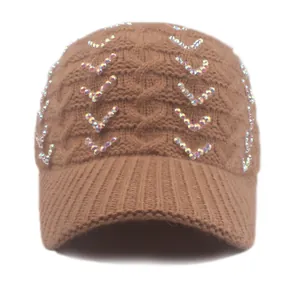 Women's cable knit baseball cap with colorful rhinestone crystals in caramel brown