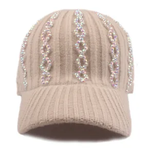 Damen Strick Baseballkappe Mit Strasssteinen Winter Warm Gerippte Strickmütze Mit Schirm Mode Lässig Outdoor Kopfbedeckung