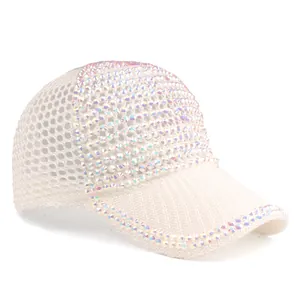 White breathable mesh baseball cap with sparkling rhinestones for outdoor sun protection