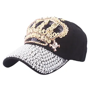 Luxury Crown Rhinestone Artificial Pearl Denim Baseball Cap Sequin Crown Metal Skull Fashion Adjustable Hip Hop Sun Hat For Women