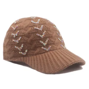 Brown knitted baseball cap with rhinestone accents for women winter fashion style