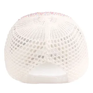 White mesh baseball cap with colorful rhinestones and adjustable back strap
