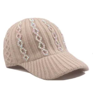 Beige Strick-Baseballkappe für Damen mit glitzernden Strasssteinen, dicke Wintermütze