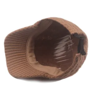Adjustable brown knit baseball cap with vertical texture and back strap adjustment