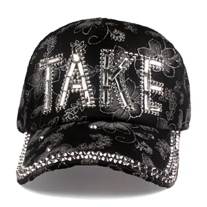Stylish black lace baseball cap with sparkling silver floral patterns and rhinestone TAKE logo