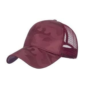 Burgundy camouflage ponytail baseball cap with breathable mesh back for outdoor sun protection