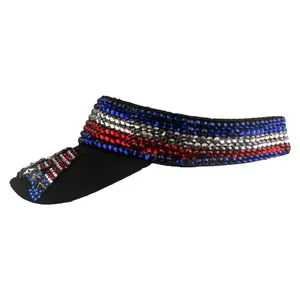 Black sun visor hat with rhinestone US flag pattern and silver metallic stars