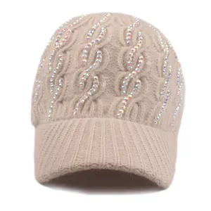 Beige knit baseball cap for women with rhinestones and chunky cable knit texture