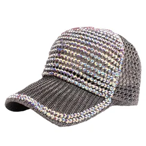 Breathable dark grey mesh baseball cap with sparkling rhinestones for sun protection