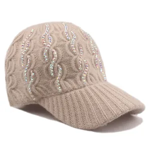 Women's beige cable knit baseball cap with sparkling rhinestones for winter warmth