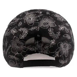 Black lace baseball cap with silver floral embroidery and adjustable back snap