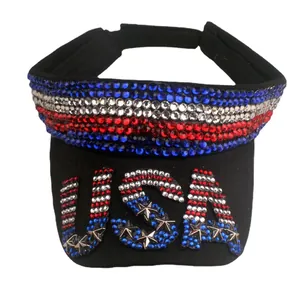 Black sun visor hat with rhinestone USA flag design and stars on the brim