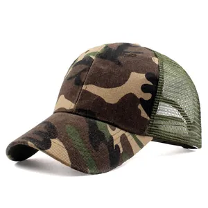 Classic camouflage trucker hat with olive green mesh back and curved brim for sun protection