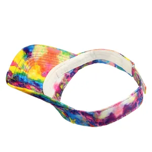 Detail of colorful tie-dye sun visor hat with wide brim and thickened sweatband