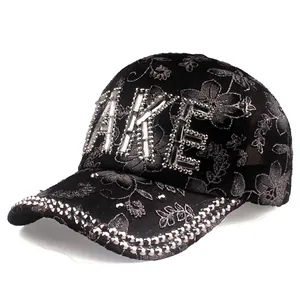 Women's Fashion Lace Floral Baseball Cap Rhinestone Letter Decoration Breathable Sun Protection Outdoor Mesh Hat Adjustable Cap