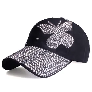 Berretto da Baseball da Donna alla Moda con Farfalla in Strass Cappello da Sole in Denim di Cotone Consumato Regolabile Streetwear Hip Hop