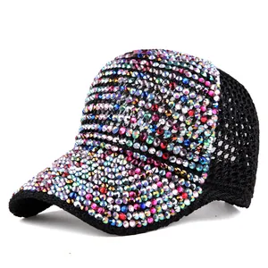 Berretto da Baseball da Donna alla Moda in Rete con Strass Traspirante Cappello Trucker Parasole Colorato Scintillante Regolabile per Esterno