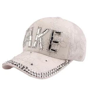 White lace baseball cap for women with silver floral sequins and rhinestone FAKE letters