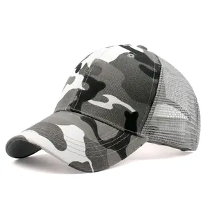 Classic camouflage mesh trucker hat with black, white and grey pattern for outdoor sun protection