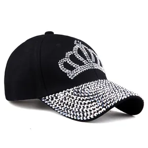 Fashionable black baseball cap for women with silver rhinestone crown and studded brim