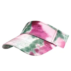 Summer tie-dye cotton open top sun hat with pink and green canvas brim for outdoor sports