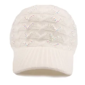Close-up of white cable knit baseball cap featuring iridescent sequin V-pattern design