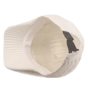 Detail of knitted baseball cap inner lining with adjustable buckle strap and sweatband