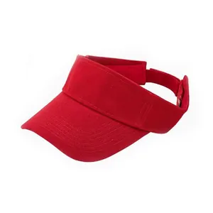 Detail of red sun visor hat showing adjustable strap and reinforced stitching