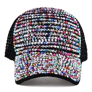 Berretto da baseball in rete nera con strass colorati per protezione solare