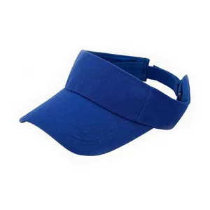 Detail view of royal blue sun visor hat with adjustable velcro strap and twill texture