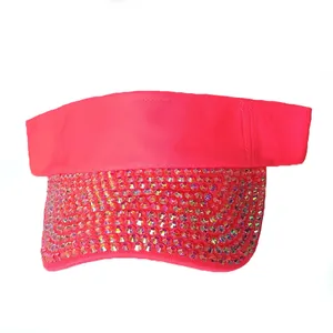 Detail of rose red sun visor featuring sparkling rhinestones on the wide brim area