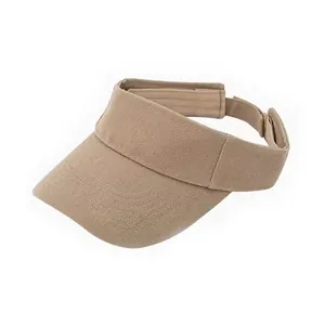 Close-up of khaki sun visor with twill cotton texture and adjustable strap back