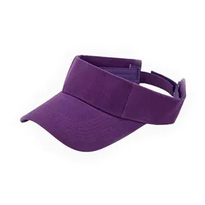 Detailed close-up of purple sun visor hat showing twill fabric texture and velcro strap