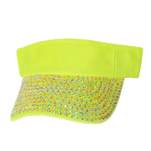 Close-up of a neon green sun visor with shimmering rhinestones and sporty open-top design