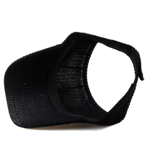 Detail view of black knitted visor with breathable texture and adjustable velcro strap