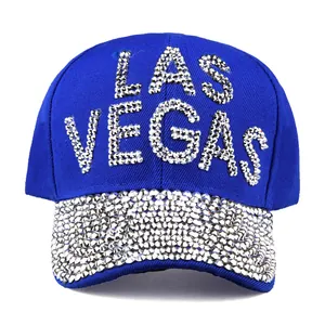 Dark blue baseball cap with sparkling silver rhinestone LAS VEGAS letters and brim decor