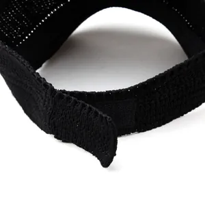 Detail of black knitted sun visor showing the adjustable velcro strap and mesh texture