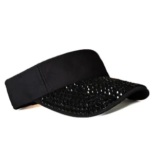 Women's black open-top sun hat with rhinestone brim for outdoor sun protection