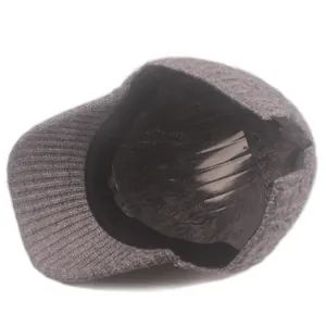 Detail view of the gray knit baseball cap interior with sweatband and adjustable buckle