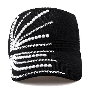 Women Fashion Knitted Sun Visor Hat Rhinestone Artificial Pearl Breathable Outdoor Sports Beach Adjustable Visor Hat