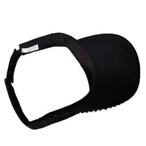 Detail view of adjustable velcro strap on back of black polyester sun visor hat