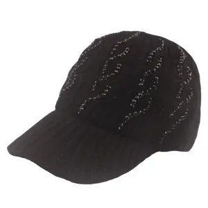 Women's black knit baseball cap with sparkling rhinestones and a curved brim