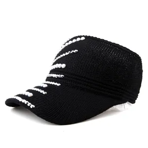 Black knit sun visor with pearl and rhinestone embellishments for outdoor activities