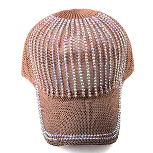 Berretto da Baseball in Maglia con Strass alla Moda da Donna Cappello da Sole in Rete Traforata Traspirante Estivo Regolabile Sparkly Snapback