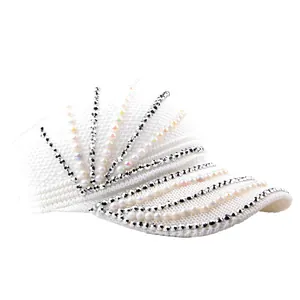 Elegant white knitted sun visor with pearls and rhinestones for outdoor fashion